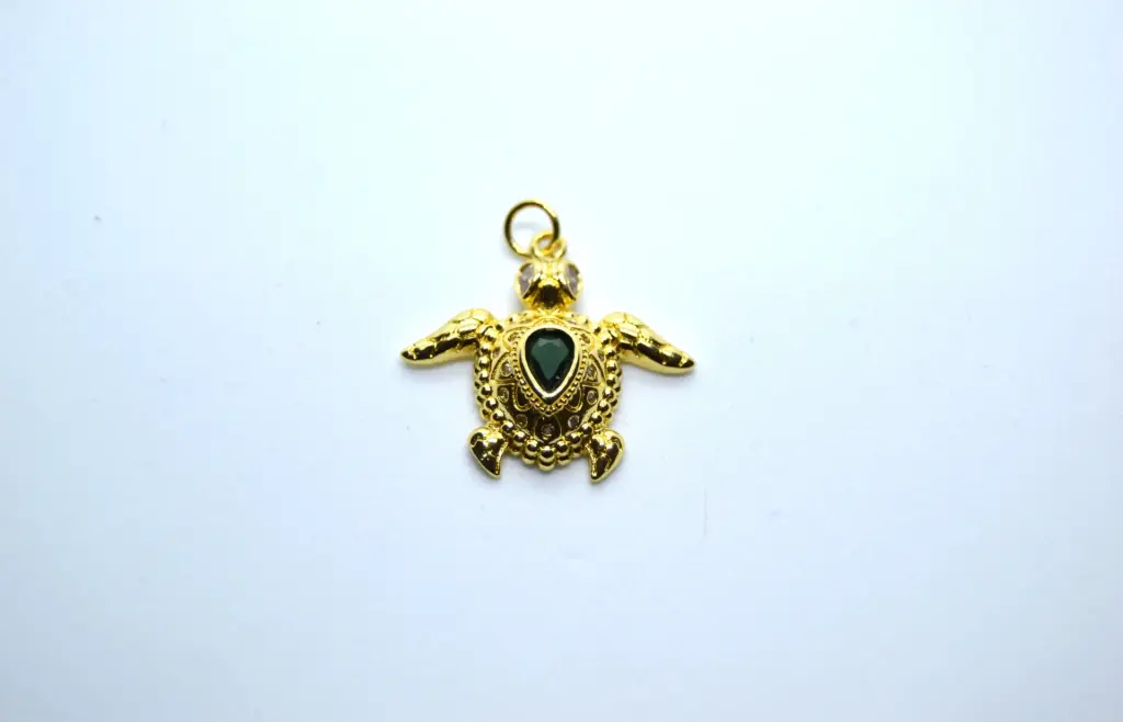 Green stone turtle charm-Gold plated