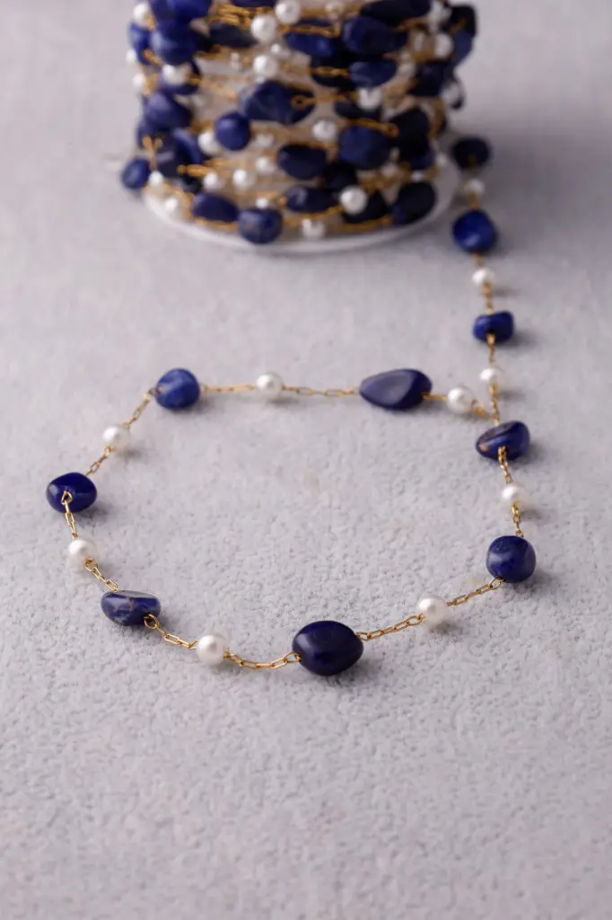 Coloured Pearl chain -stainless steel (blue, 40cm necklace)