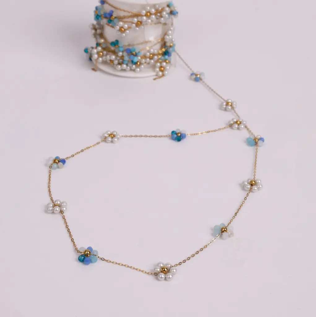 Gold Flower chain-stainless steel (blue, 40cm necklace)
