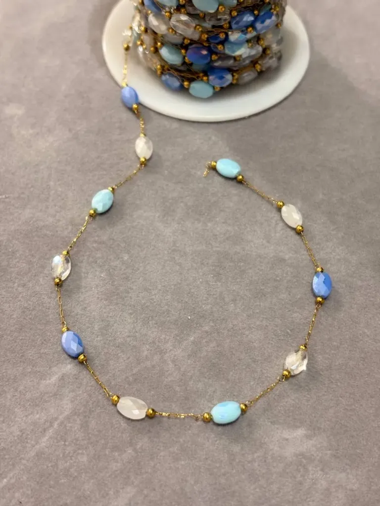 Blue glassy stainless steel chain (40cm necklace)