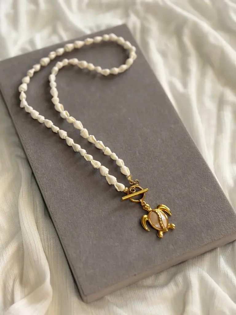 Original seashell necklace with stainless steel turtle charm